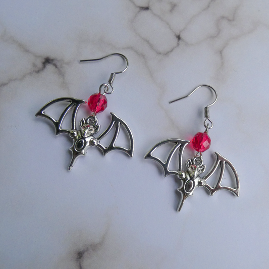 Red and Silver Bat Dangle Earrings