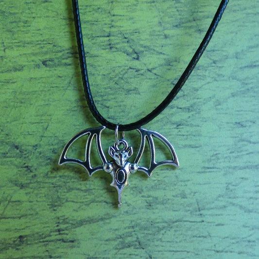 Silver Bat Charm Pendant on a Black Cord Necklace