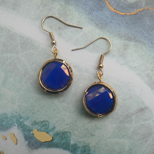 Gold and Cobalt Blue Faceted Dangle Earrings