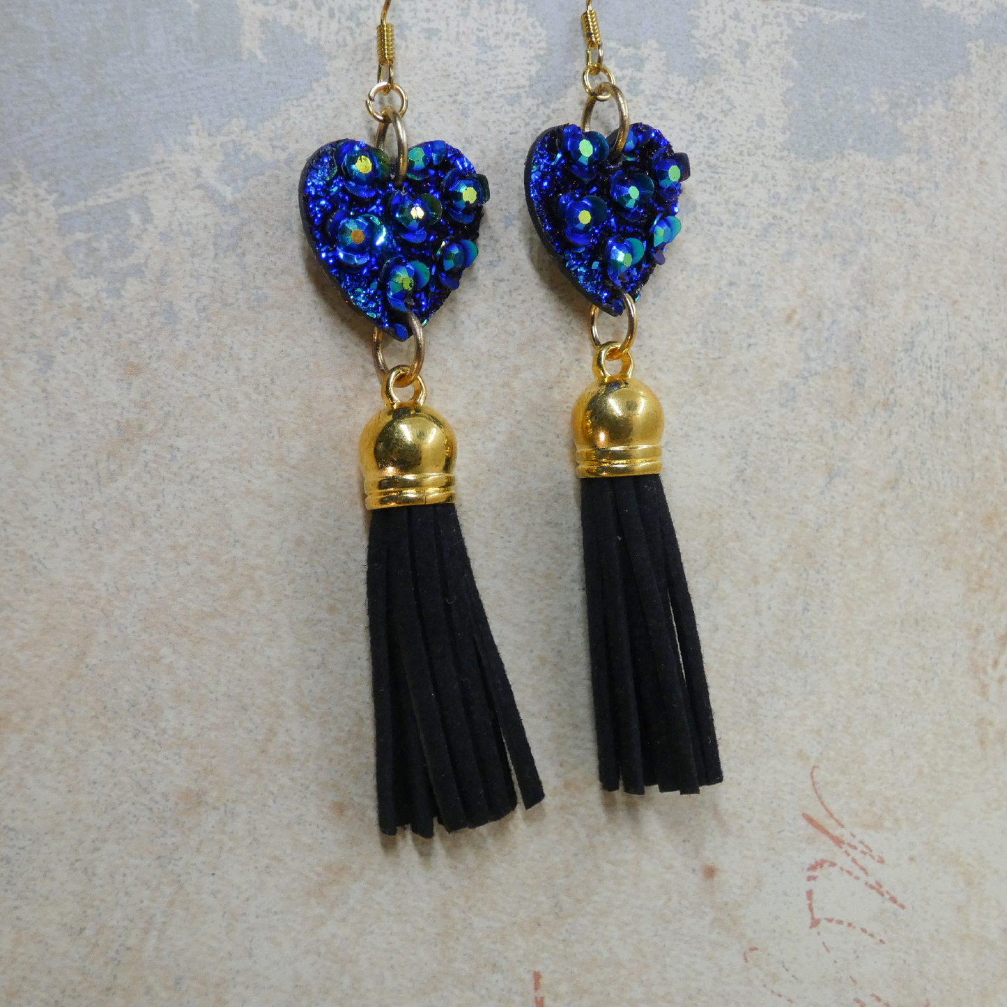 Iridescent Blue Flower Heart Tassel Dangle Earrings