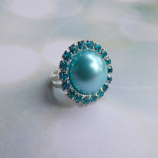 Blue Glass Pearl Adjustable Ring with Crystal Accents