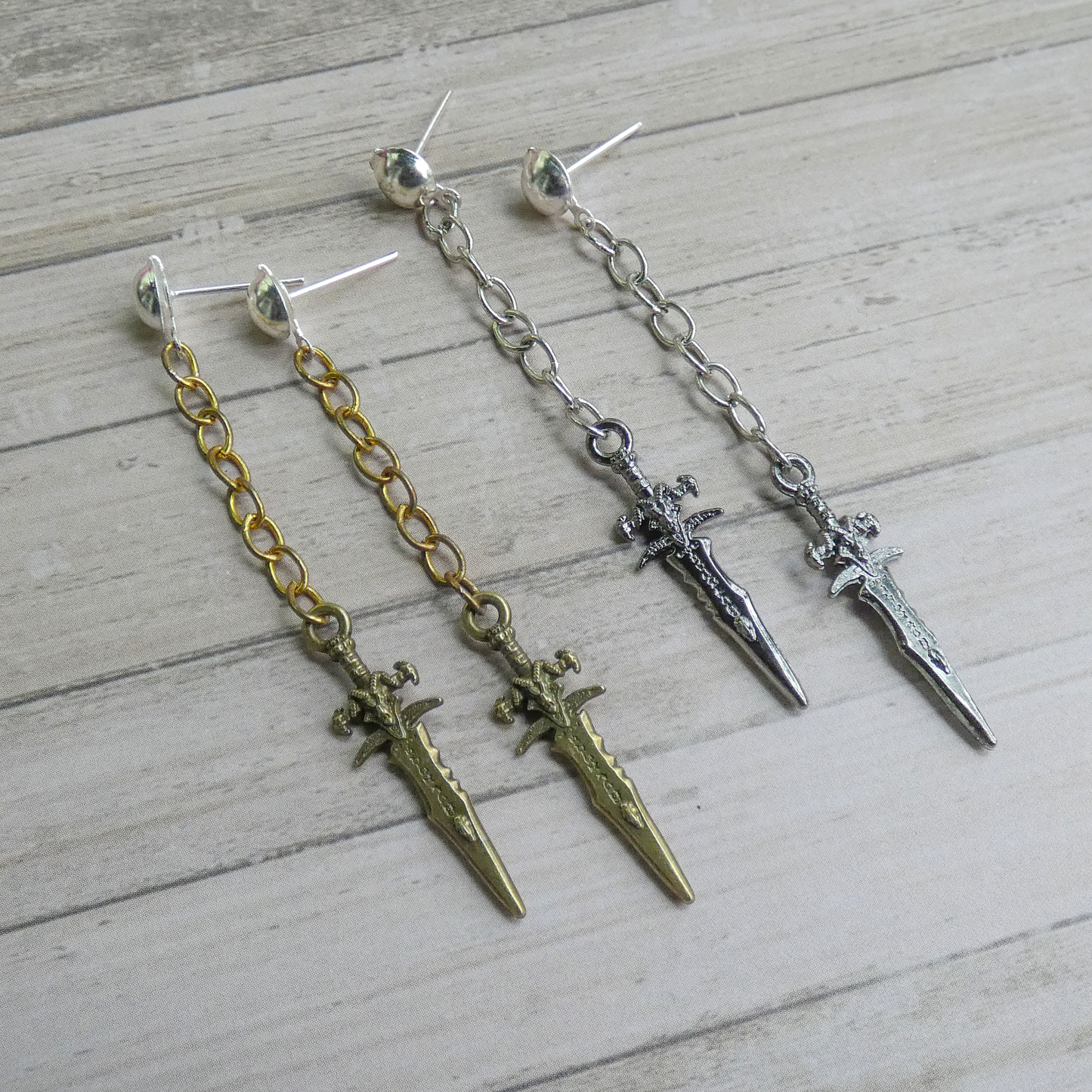 Silver and Bronze Dagger Chain Earrings