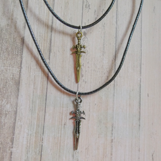 Silver and Bronze Dagger Black Cord Necklace