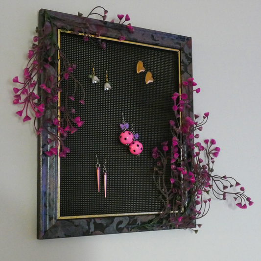 One of a Kind Purple and Gold Floral Vintage Picture Frame Earring Holder