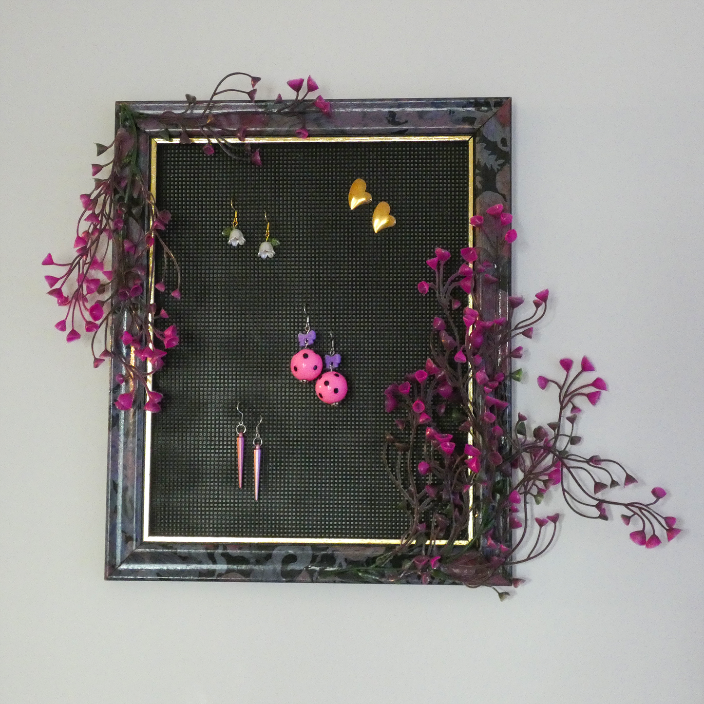 One of a Kind Purple and Gold Floral Vintage Picture Frame Earring Holder