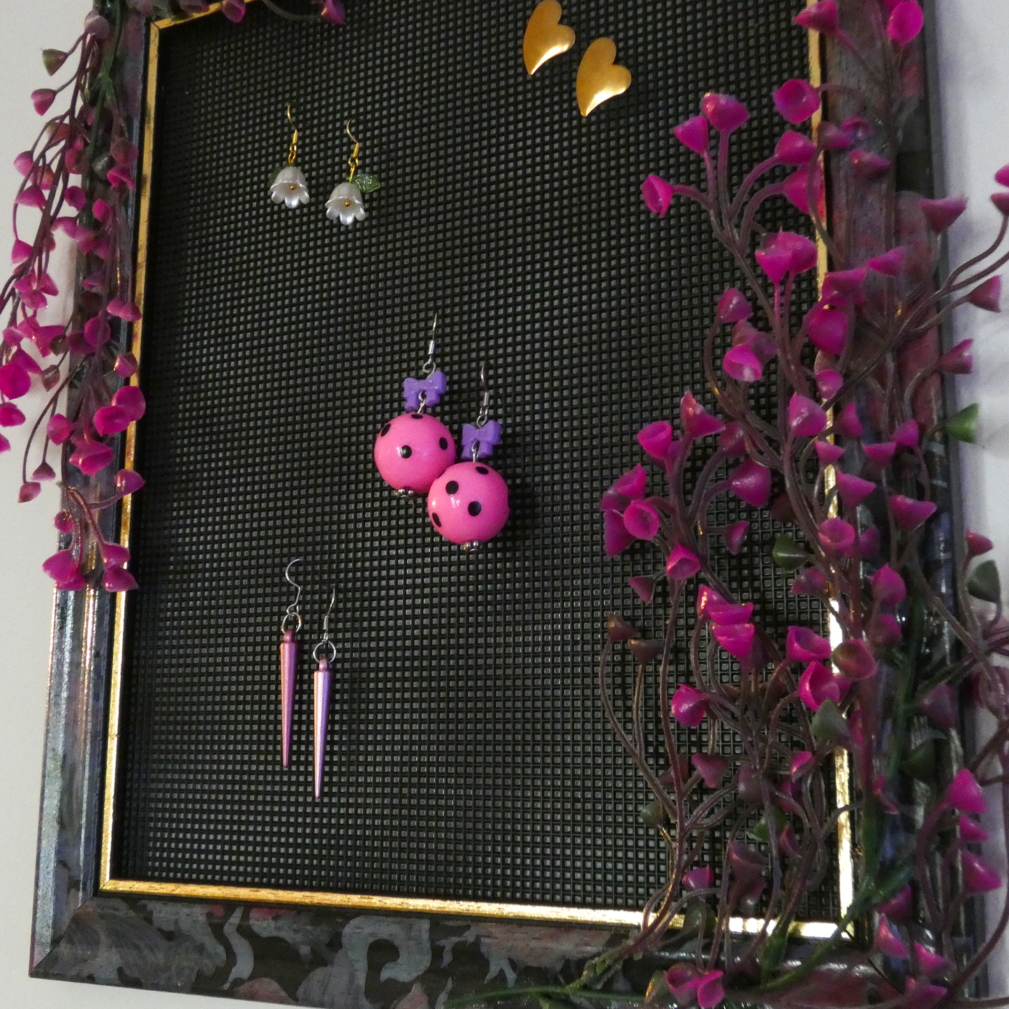 One of a Kind Purple and Gold Floral Vintage Picture Frame Earring Holder