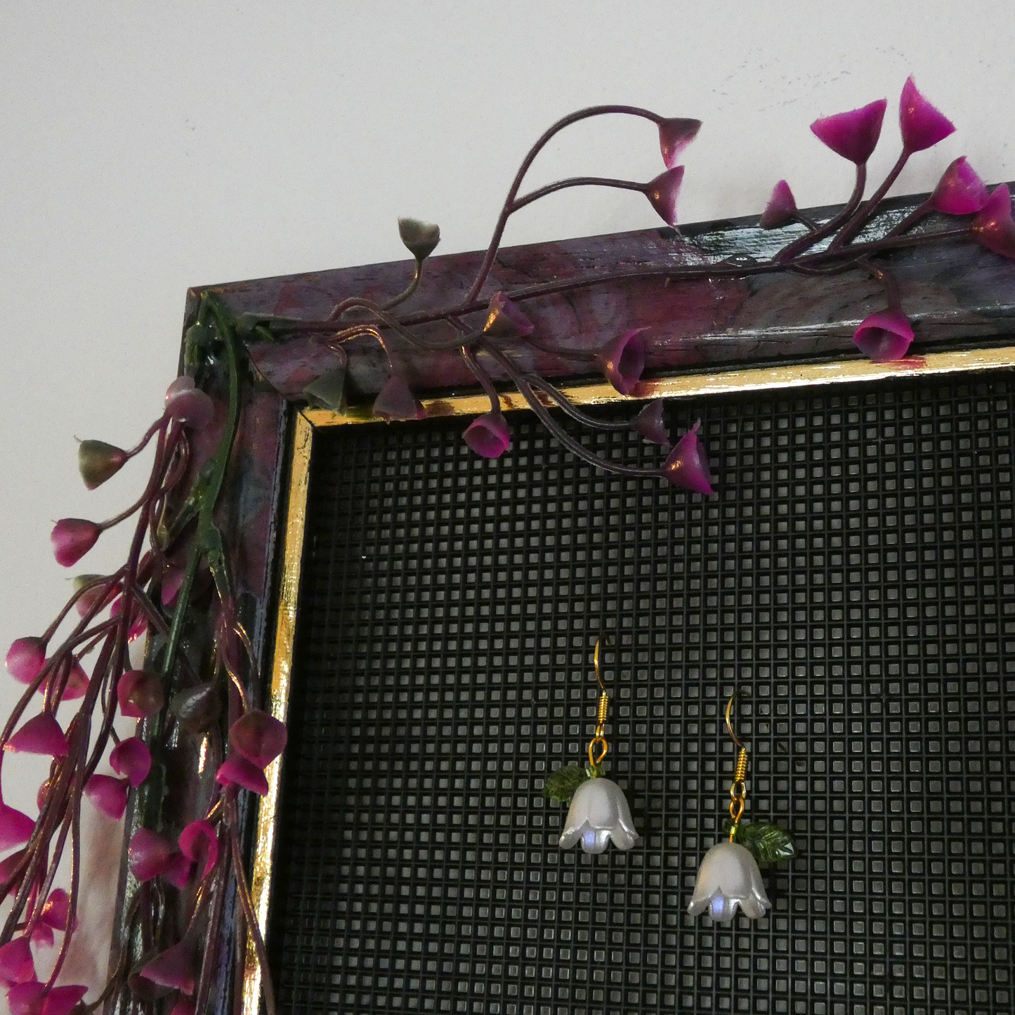 One of a Kind Purple and Gold Floral Vintage Picture Frame Earring Holder