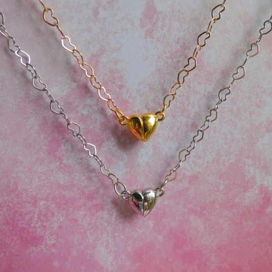 Heart Chain Link Necklace with Magnetic Clasp in Gold or SIlver