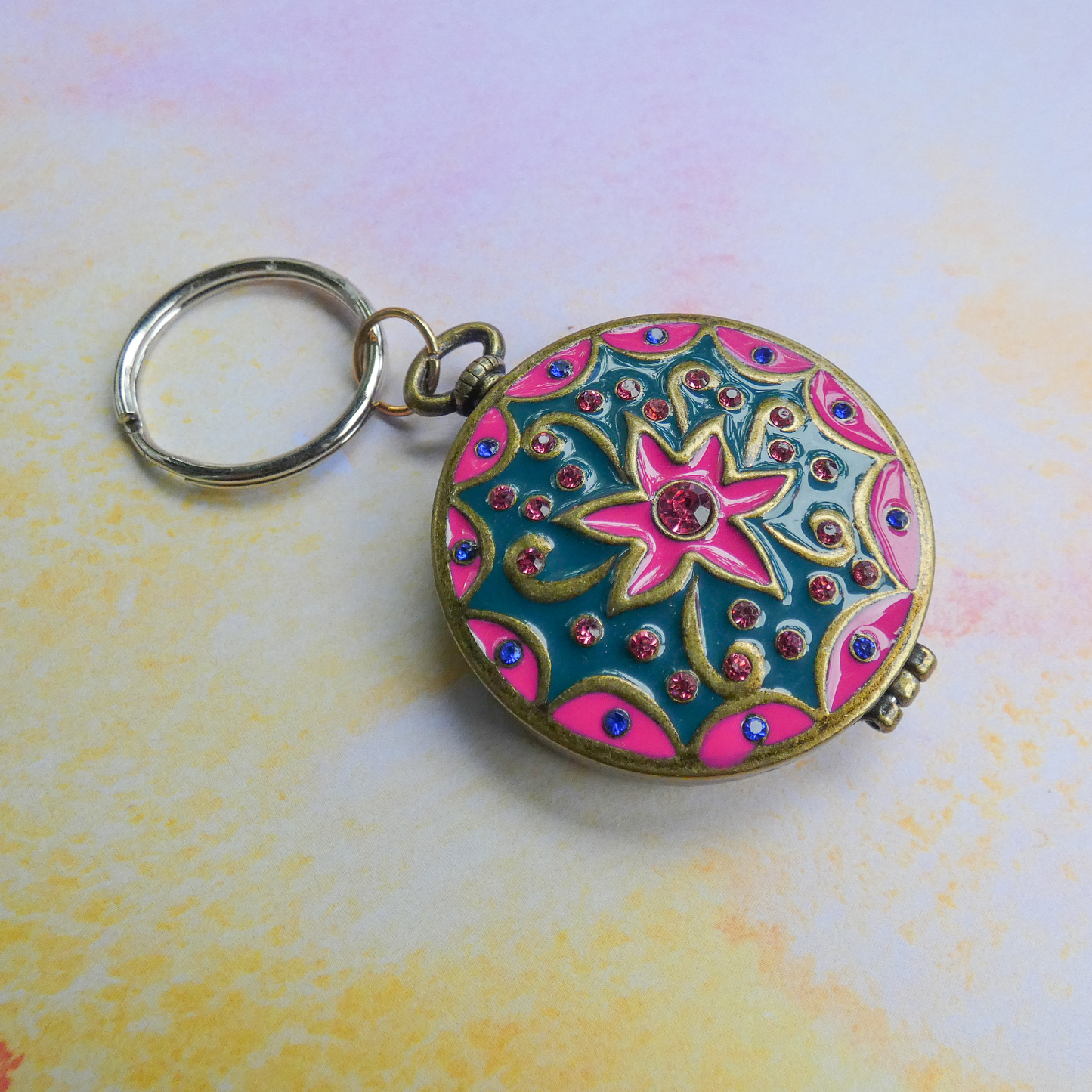 Locket Key Chain with Pink and Blue Gems