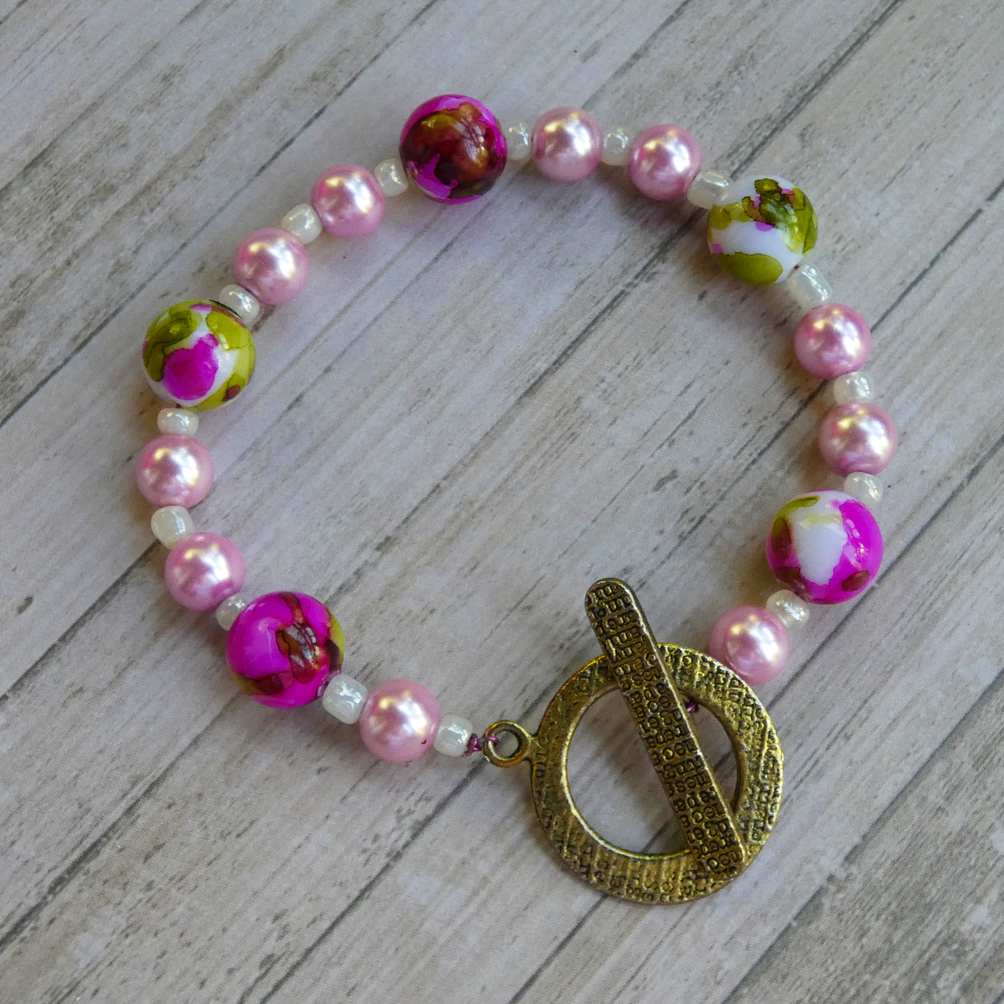 Pink Cherry Blossom Inspired Glass Bead Bracelet