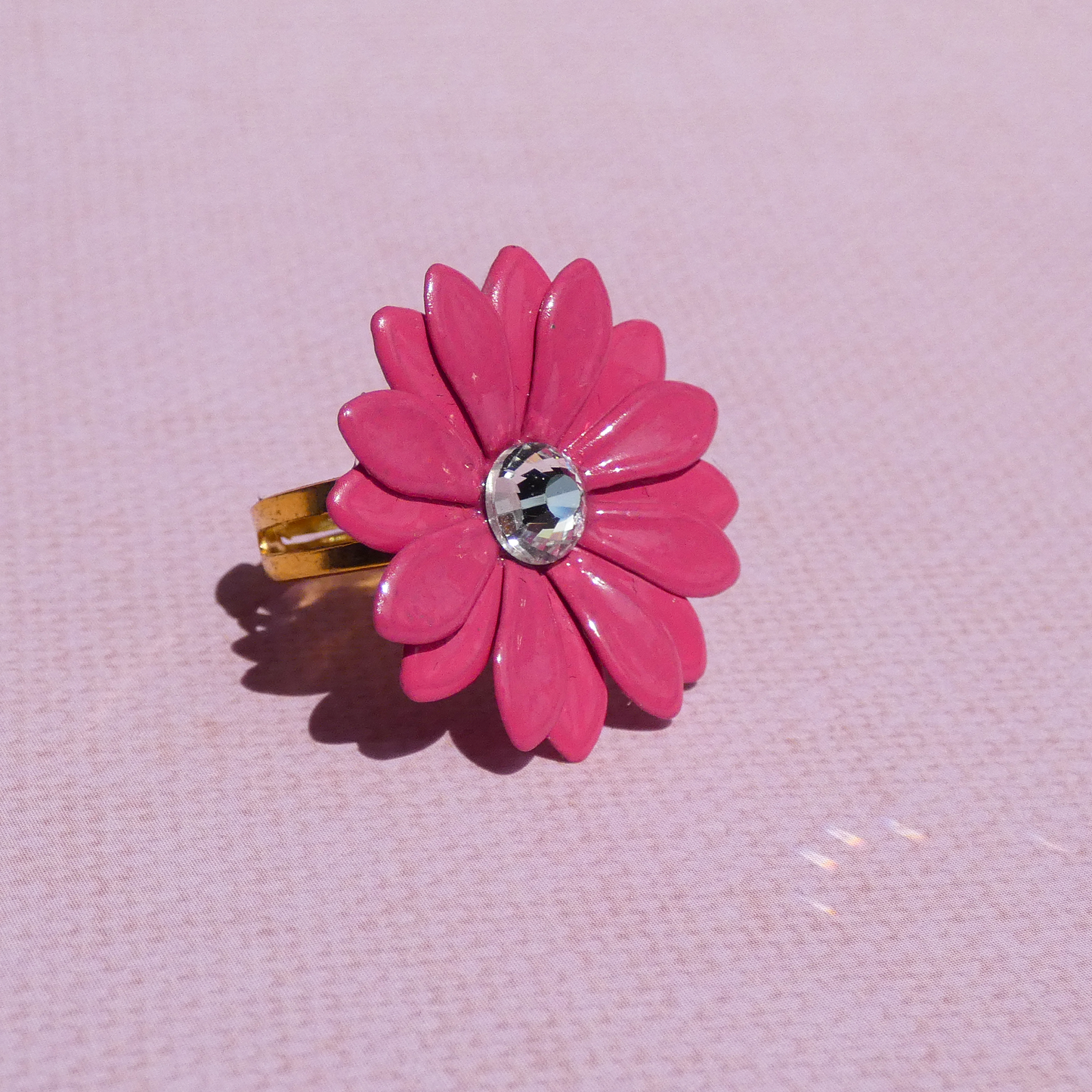 Bright Pink Daisy Adjustable Ring with Gem