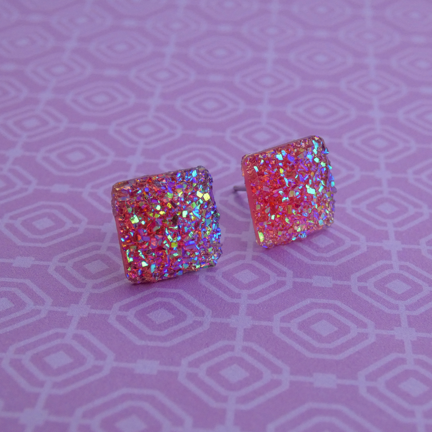 Square Pink Purple Iridescent Stud Earrings