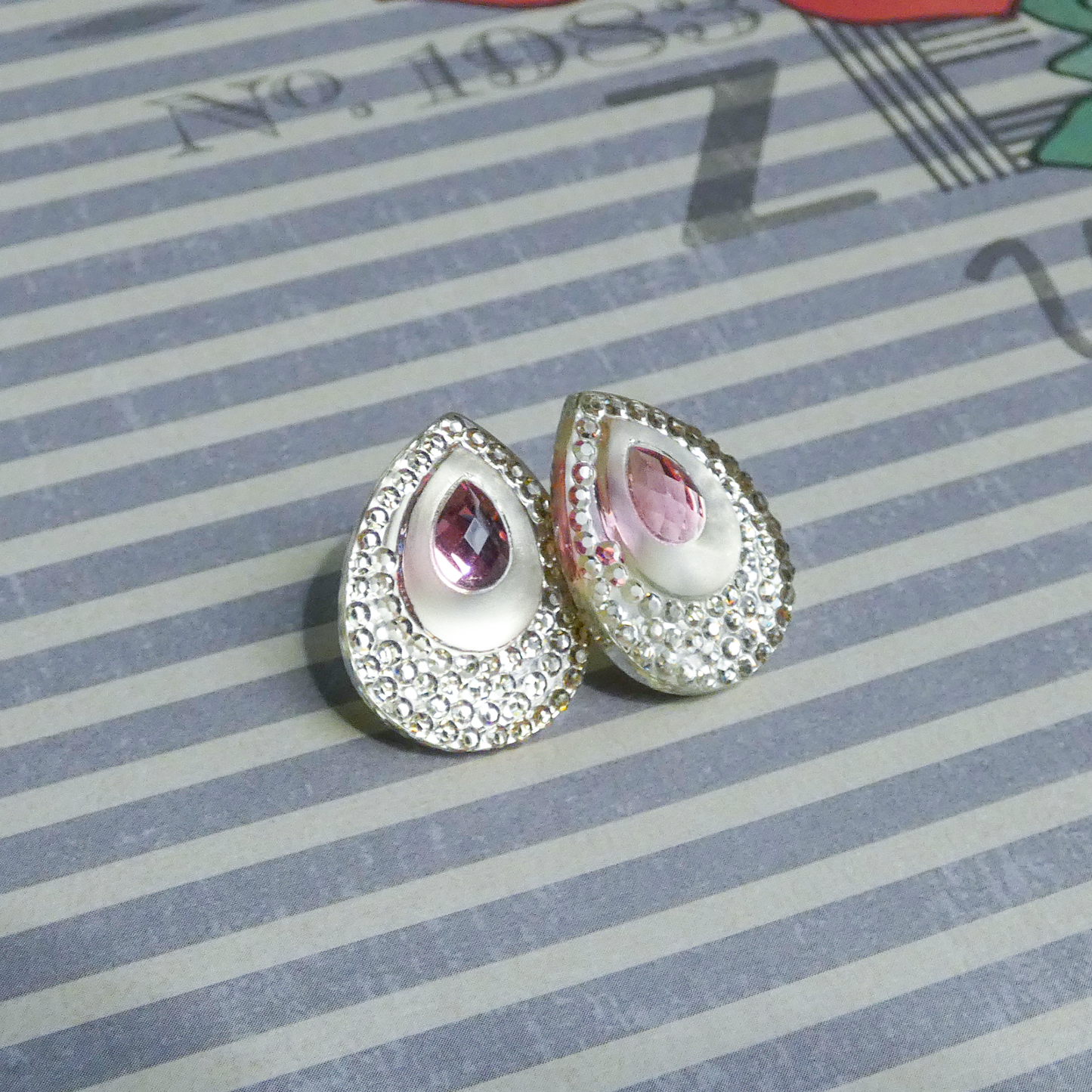 Pink and White Crystal Teardrop Stud Earrings