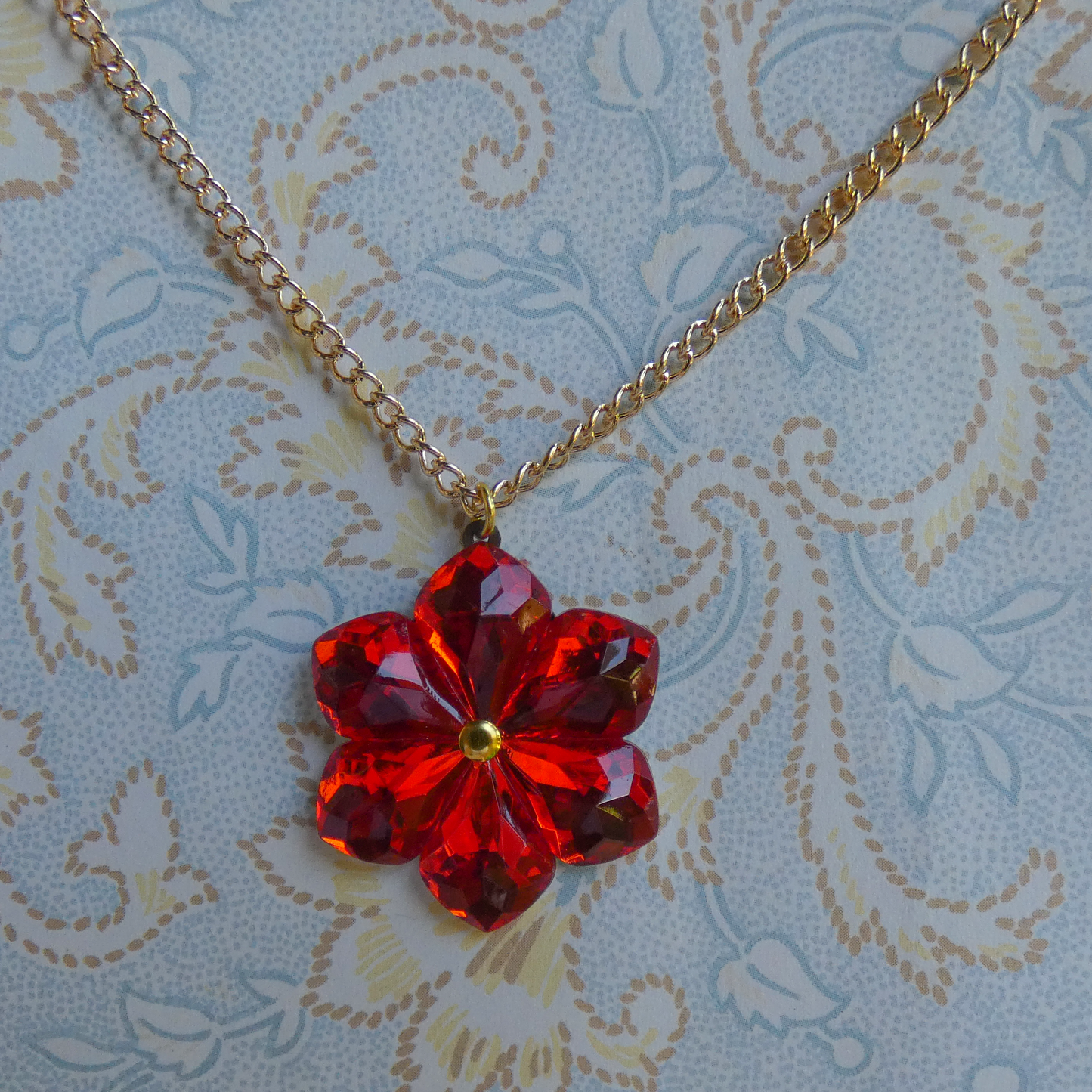 Red Glass with Gold Accent Flower Necklace