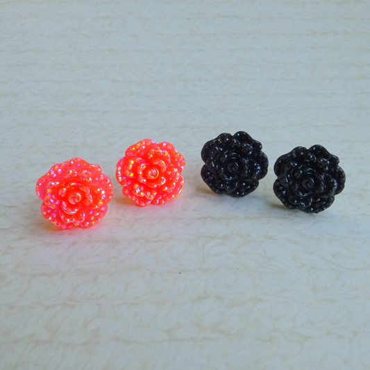 Glitter Rose Stud Earrings in Red or Black