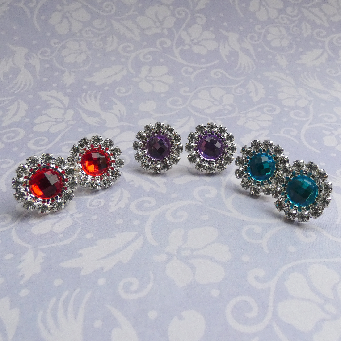 Silver Gemstone Stud Earrings in Red, Purple and Blue