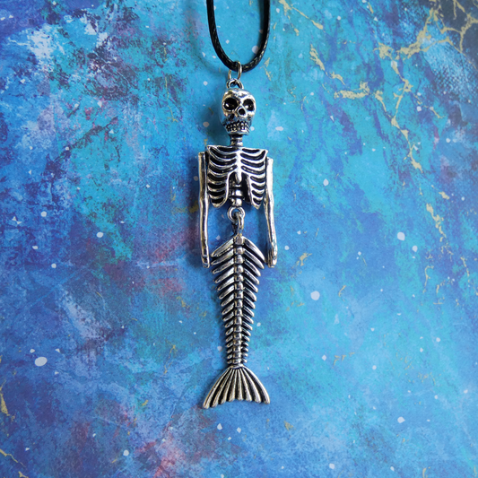 Mermaid Skeleton Fossil Bones Black Cord Necklace