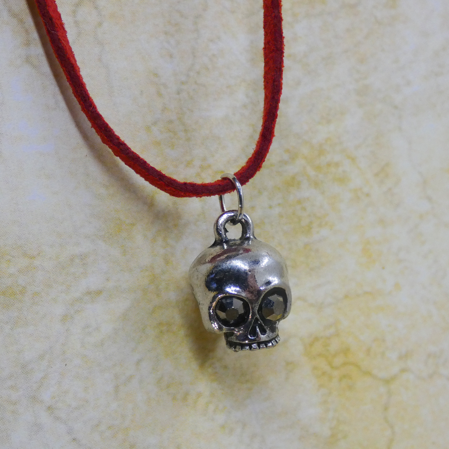 Silver Skull on Red Suede Necklace