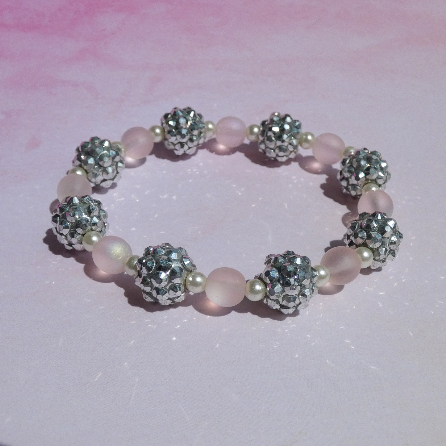 Pink and Silver Glass Bead Stretch Bracelet