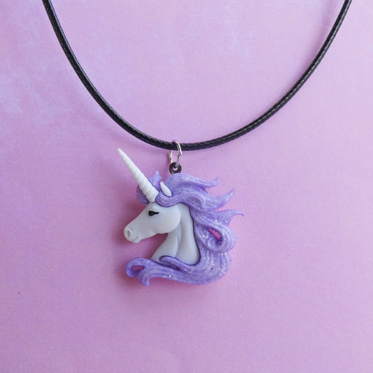 Purple Glitter Unicorn on a Black Cord Necklace