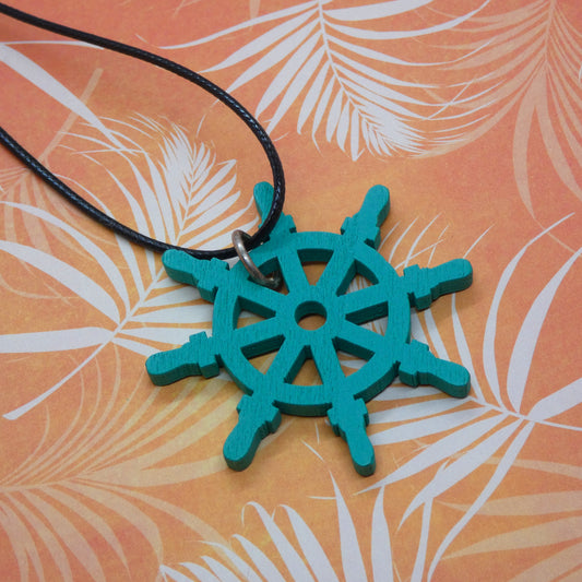 Teal Wooden Ship Wheel Black Cord Necklace